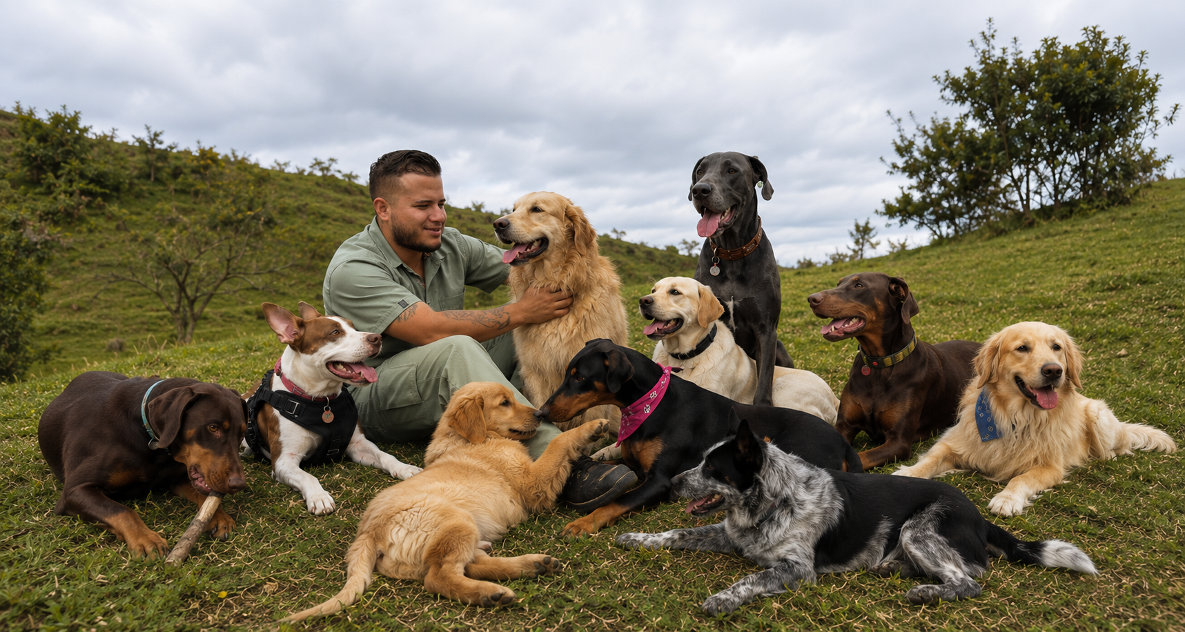 Perros jugando en el campo